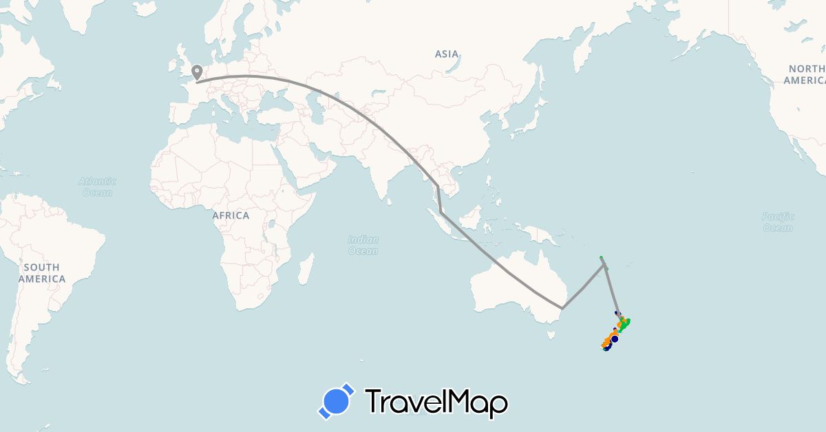 TravelMap itinerary: driving, bus, plane, hiking, boat, hitchhiking in Australia, France, Malaysia, New Zealand, Thailand, Vanuatu (Asia, Europe, Oceania)